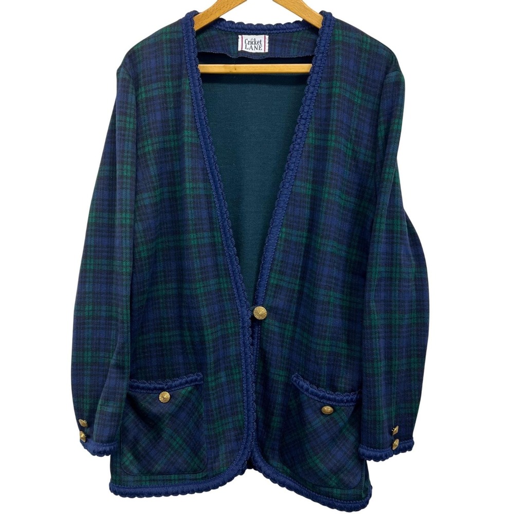 VTG‎ 80s Cricket Lane Plaid Cardigan Jacket Blue Green Gold Button Size 14